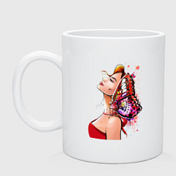 Кружка керамическая Девушка в красном и бабочка, цвет: белый
