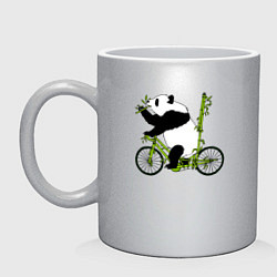 Кружка керамическая Панда на велосипеде с бамбуком, цвет: серебряный