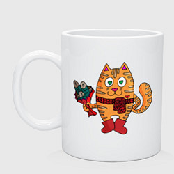 Кружка керамическая Влюбленный рыжий кот с рыбным букетом, цвет: белый