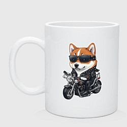 Кружка керамическая Shiba Inu собака мотоциклист, цвет: белый