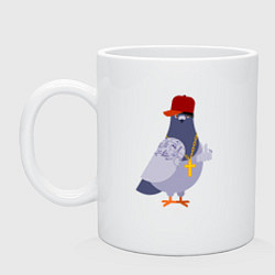 Кружка керамическая Крутой голубь в кепке показывает f**k, цвет: белый