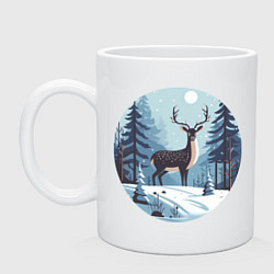 Кружка керамическая Зимняя сказка олень в лесу, цвет: белый
