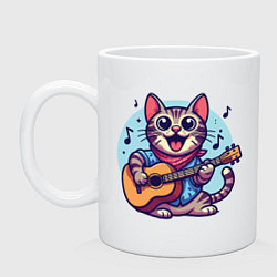 Кружка керамическая Полосатый кот играет на гитаре, цвет: белый