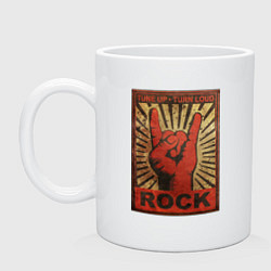 Кружка керамическая Rock tune up turn loud жест коза, цвет: белый