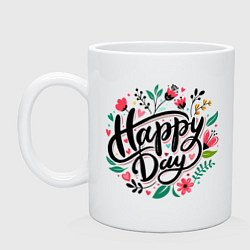 Кружка керамическая Happy day с цветами, цвет: белый