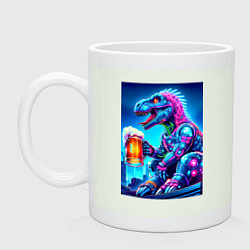 Кружка керамическая Cyber tyrannosaur with a mug of beer - ai art fant, цвет: фосфор