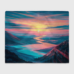 Плед флисовый Извилистая река закат природа, цвет: 3D-велсофт