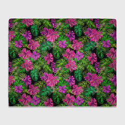 Плед флисовый Тропические листья и цветы на черном фоне, цвет: 3D-велсофт