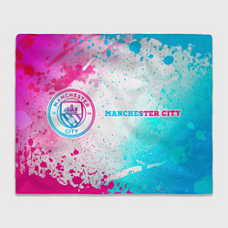 Плед флисовый Manchester City neon gradient style: надпись и сим, цвет: 3D-велсофт