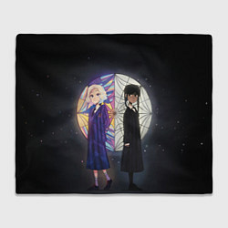 Плед флисовый Энид и Уэнсдэй на фоне окна, цвет: 3D-велсофт