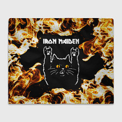 Плед флисовый Iron Maiden рок кот и огонь, цвет: 3D-велсофт