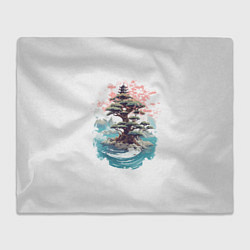 Плед флисовый Японское дерево и пагода в море, цвет: 3D-велсофт