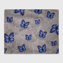 Плед флисовый Газетные обрывки и синие бабочки, цвет: 3D-велсофт