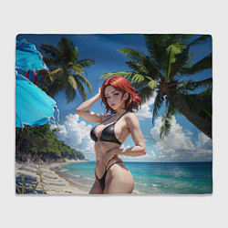 Плед флисовый Девушка с рыжими волосами на пляже, цвет: 3D-велсофт