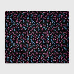 Плед флисовый Неоновые розовые и голубые шахматные фигуры на чер, цвет: 3D-велсофт