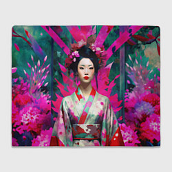 Плед флисовый Сад сакуры - гейша в традиционном японском кимоно, цвет: 3D-велсофт