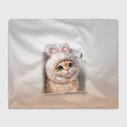Плед флисовый Милый кот-мем в шапке с ушками - бежевый градиент, цвет: 3D-велсофт