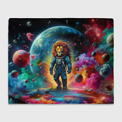 Плед флисовый Лев космонавт в неоновом космическом пространстве, цвет: 3D-велсофт