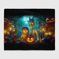 Плед флисовый Morty and Rick with pumpkin - neon halloween, цвет: 3D-велсофт
