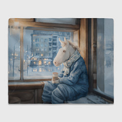 Плед флисовый Лошадка пьет кофе на подоконнике, цвет: 3D-велсофт