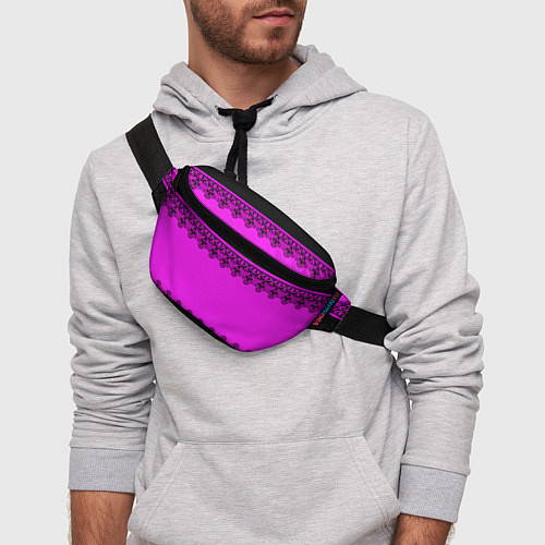 Поясная сумка Черное кружево на неоновом розовом фоне / 3D-принт – фото 3