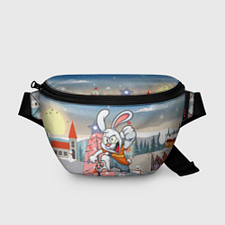 Поясная сумка Веселый заяц на фоне елки, цвет: 3D-принт