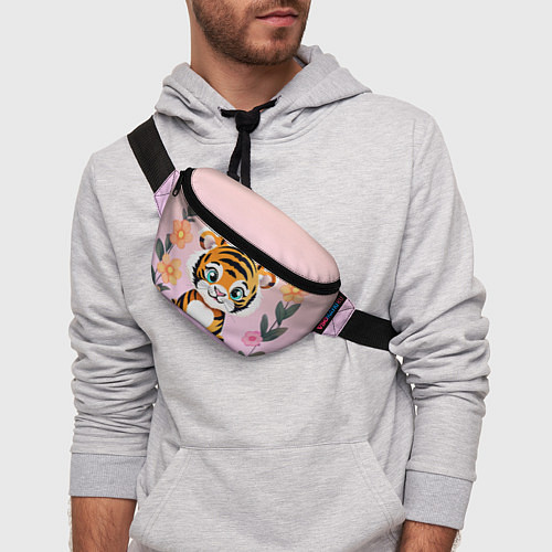 Поясная сумка Милый тигренок с цветами на фоне / 3D-принт – фото 3