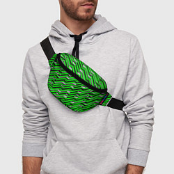 Поясная сумка Чёрно-зелёный линейный узор киберпанк, цвет: 3D-принт — фото 2