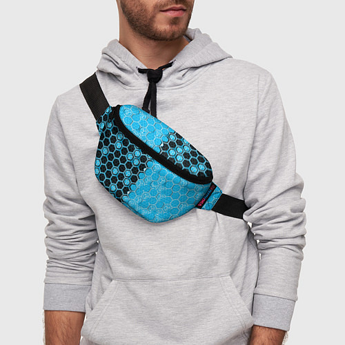 Поясная сумка Техно-киберпанк шестиугольники голубой и чёрный / 3D-принт – фото 3
