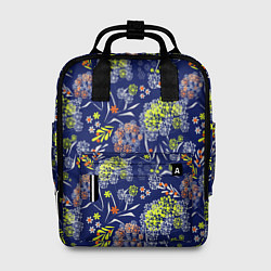 Женский рюкзак Оранжево-зеленый цветочный узор на синем фоне