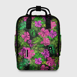 Женский рюкзак Тропические листья и цветы на черном фоне