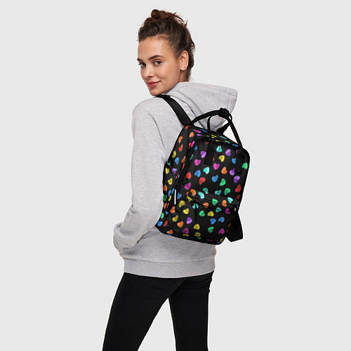 Женский рюкзак Сердечки разноцветные на черном / 3D-принт – фото 3