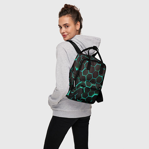Женский рюкзак Соты на зеленом неоновом фоне / 3D-принт – фото 3