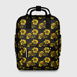 Рюкзак женский Хохломская роспись цветы на чёрном фоне, цвет: 3D-принт