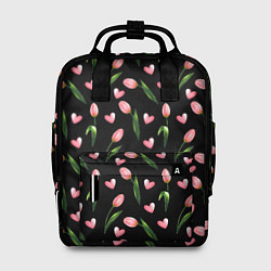Рюкзак женский Тюльпаны и сердечки на черном - паттерн, цвет: 3D-принт