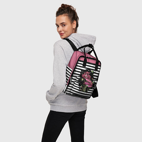 Женский рюкзак Розовые акварельные маки на полосатом фоне / 3D-принт – фото 3