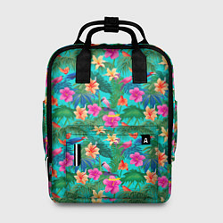 Женский рюкзак Разные цветочки на зеленом фоне