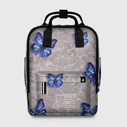Рюкзак женский Газетные обрывки и синие бабочки, цвет: 3D-принт