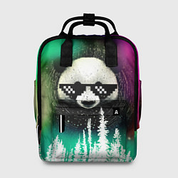 Рюкзак женский Панда в очках на фоне северного сияния и леса, цвет: 3D-принт