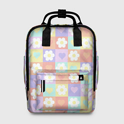 Рюкзак женский Сердечки и цветочки в пастельных квадратах, цвет: 3D-принт