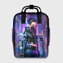 Рюкзак женский Девчонка в маске в мегаполисе - киберпанк, цвет: 3D-принт