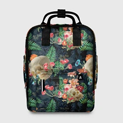 Рюкзак женский Узор из черепов с цветами и листьями, цвет: 3D-принт