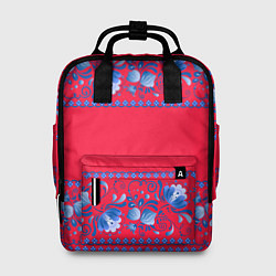 Рюкзак женский Голубая гжель на красном фоне, цвет: 3D-принт