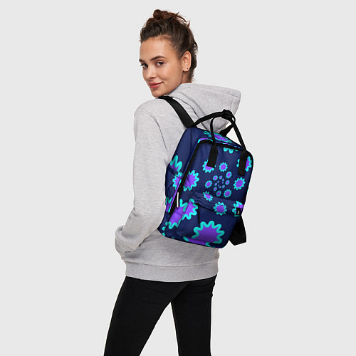 Женский рюкзак Спираль фиолетовых звезд с циан контуром на темном / 3D-принт – фото 3