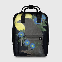 Женский рюкзак Чёрный ворон на ветке среди синих цветов под луной