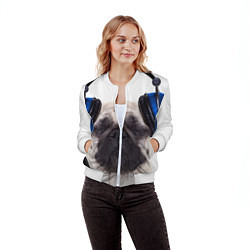 Бомбер женский Мопс в наушниках, цвет: 3D-белый — фото 2