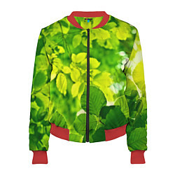 Бомбер женский Зелёные листья, цвет: 3D-красный
