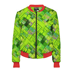 Бомбер женский Ярко-зеленый абстрактный узор, цвет: 3D-красный