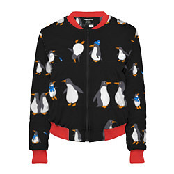 Бомбер женский Веселая семья пингвинов, цвет: 3D-красный