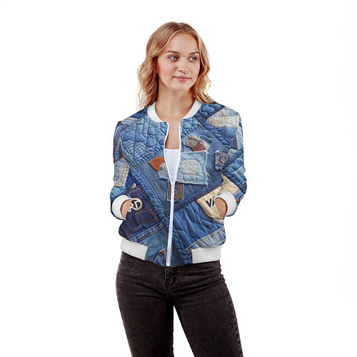 Женский бомбер Vanguard jeans patchwork - ai art / 3D-Белый – фото 3